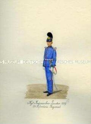 Uniformdarstellung, Junker des 13. Infanterie-Regiments "Franz Joseph I., Kaiser von Österreich und Apostolischer König von Ungarn", Königreich Bayern, 1859.