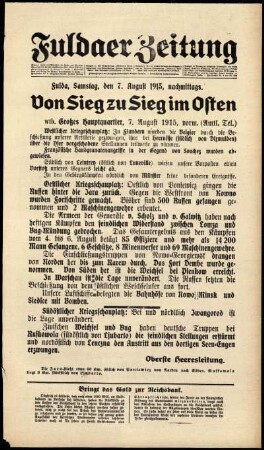 Ausgabe vom Samstag, den 07. August 1915.