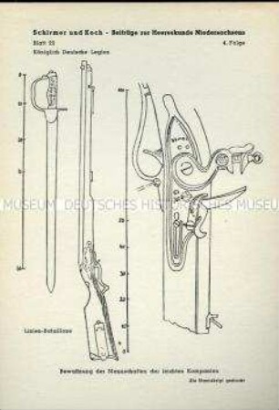 Waffendarstellung, Detailstudie Seitengewehr und Schusswaffe der Leichten Kompanien der Königlich Deutschen Legion, Kurfürstentum Hannover, 1803/1816.