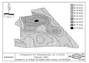 Ertragskarte mit Klassenbreiten von 5 dt/ha (Scheyern 1991) (Flachfeld 17,1 ha, W-Weizen, SEL-GLOBOS LH2000, Flowmeter, 12./13.8.1991)