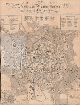 Stadtplan von Braunschweig, ca. 1:5 000, Lithographie, 1844 : Plan von Braunschweig : mit seinen nächsten Umgebungen / entworfen und herausgegeben von Aug. Wehrt, Lehrer der Mathematik. - [Ca. 1:5 000]. - [Braunschweig] , [um 1844]. - 1 Kt. : Lithogr. ; 41 x 46 cm