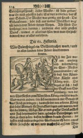 Die 62. Historia. Wie Eulenspiegel ein Brillenmacher ward/ und in allen Landen keine Arbeit überkommen konnte