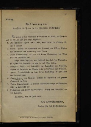 Bestimmungen, betreffend die Ferien in den öffentlichen Volksschulen.