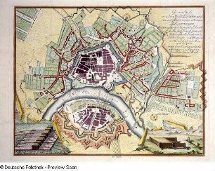 Grundriß von der Stadt Dresden und den auf selbige vorgenommenen Belagerungen, 1:8 100, Kupferstich, 1760 : Grundriß von der Stadt Dresden und den auf selbige vorgenommenen Belagerungen. 1760 (ca. 1:8 100). 44 x 35 cm (Kupferstich kol.)