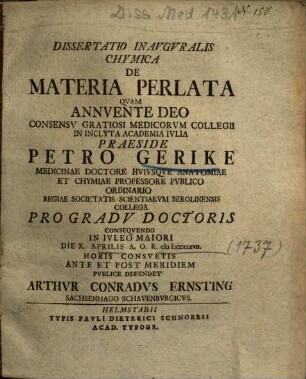 Dissertatio Inavgvralis [Inauguralis] Chymica De Materia Perlata