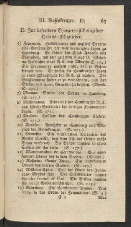 D. Zur besondern Characteristik einzelner Ordens-Mitglieder.