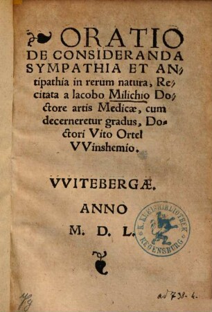 Oratio De Consideranda Sympathia Et Antipathia in rerum natura