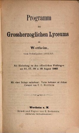 Programm des Grossherzoglichen Lyceums in Wertheim : vom Schuljahre .... 1862/63