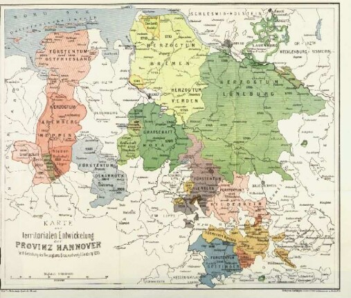 Karte zur territorialen Entwicklung der Provinz Hannover seit der Gründung des Herzogtums Braunschweig-Lüneburg 1235