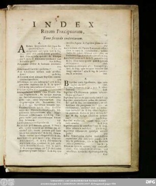 Index Rerum Praecipuarum, Tome secundo contentarum.