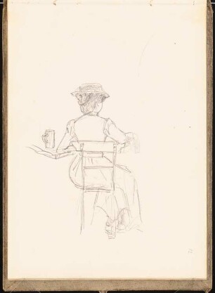 Skizzenbuch 1899: Frau an einem Tisch im Biergarten (Rückenansicht, ganze Figur)