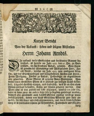 b2r-b4v, Kurzer Bericht. Von der Ankunft Leben und seligem Absterben Herrn Johann Arndts
