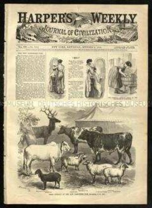 Zeitung Harper's Weekly mit einem Titelholzschnitt auf der New Hampshire Fair preisgekrönter Nutztiere, Samstag, 3. Oktober 1868