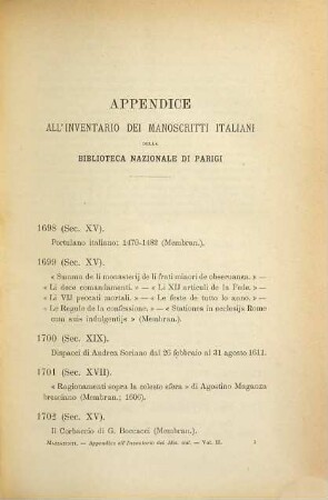 Inventario dei manoscritti italiani delle Biblioteche di Francia, 2. Appendice all'Inventario dei manoscritti italiani della Biblioteca Nazionale di Parigi