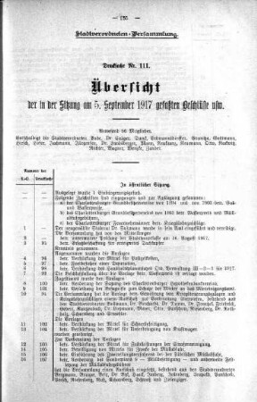 Übersicht der in der Sitzung am 27.Juni 1917 gefaßten Beschlüsse. (111), 05. September 1917