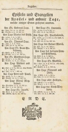 Episteln und Evangelien der Apostel- und anderer Tage, welche einiger Orten gefeyret werden.