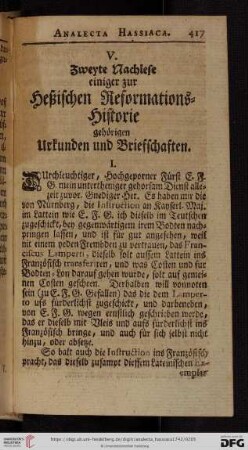 V. Zweyte Nachlese einiger zur Heßischen Reformations-Historie gehörigen Urkunden und Briefschaften