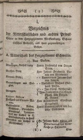 I. Verzeichnis der Ritterschaftlichen und andern Privat-Güter in den Herzogthümern Mecklenburg, Schwerinschen Antheils, und ihrer gegenwärtigen Besitzer