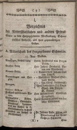 I. Verzeichnis der Ritterschaftlichen und andern Privat-Güter in den Herzogthümern Mecklenburg, Schwerinschen Antheils, und ihrer gegenwärtigen Besitzer
