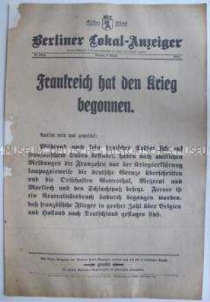 Extra-Blatt des "Berliner Lokal-Anzeiger" zum Beginn des 1. Weltkrieges