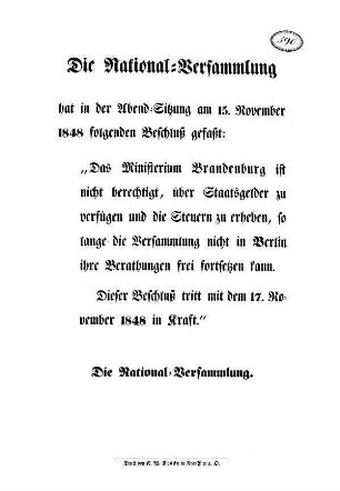 Die National=Versammlung hat in der Abend=Sitzung am 15. November 1848 folgenden Beschluß gefaßt [...]