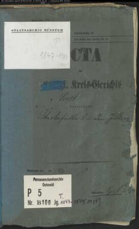Belegakte zu den Zivilstandsregistern der Juden mit den Orten Bettinghausen, Dinker, Eickelborn, Hovestadt, Körbecke, Lohne, Oestinghausen, Ostönnen, Sassendorf, Soest, Welver und Weslarn (T 1847-1874)