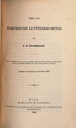 Über das elektrische Luftthermometer : vorgelegt in der Sitzung am 1. December 1859