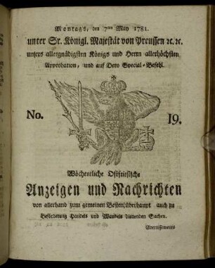 No. 19. Montags, den 7ten May 1781.