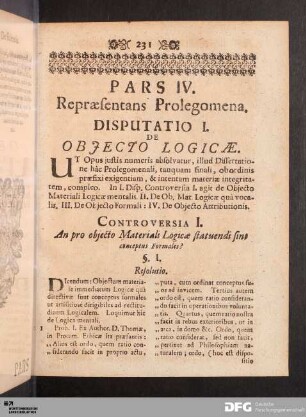 Disputatio I. De Objecto Logicæ.