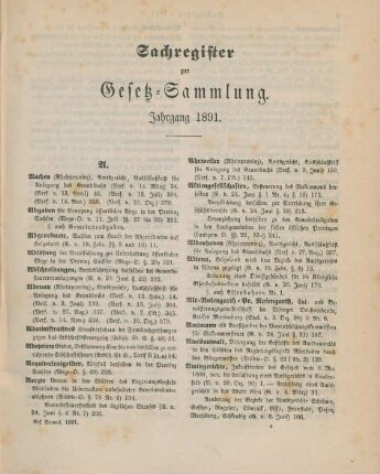 Sachregister zur Gesetz-Sammlung Jahrgang 1891