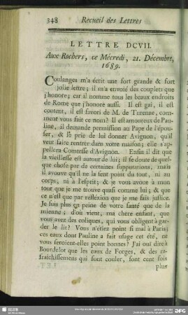 Lettre DCVII. Aux Rochers, ce Mécredi, 21. Décembre, 1689