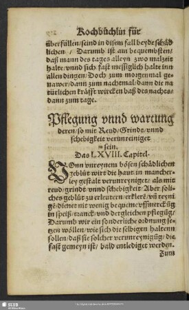 Pflegung unnd wartung deren, so mit Reud, Grindt, unnd schwebigkeit verunreiniget sein. Das LXVIII. Capitel