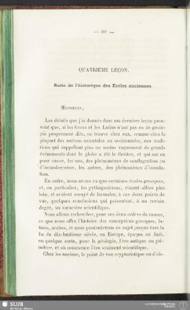 Quatrième leçon. Suite de l'historique des Ecoles anciennes