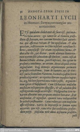 Leonharti Lycii in Homeri Batrachomyomachian annotationes