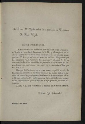 Brief von Vicente G. Quesada an Juan Pujol im Jahr 1856