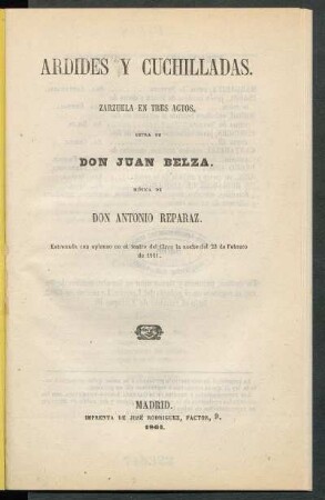 Ardides y cuchilladas : zarzuela en tres actos