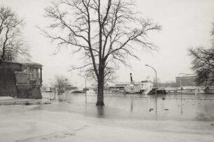 Elbehochwasser. Blick von Hasenberg über überschwemmtes Terrassenufer und Dampferanlegestellen gegen Neustädter Seite