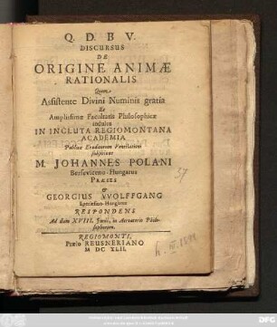 Discursus De Origine Animae Rationalis