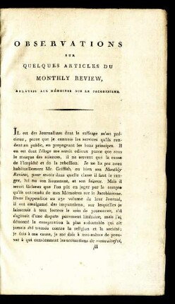Observations sur quelques Articles du Monthly Review, relatifs aux Mémoires sur le Jacobinisme.