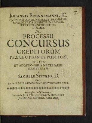 Joh. Brunnemanni, IC. Quondam Consiliar. Elect. Brandenb. & Facultatis Iuridicae In Universitate Francofurt. Ordinarii, De Processu Concursus Creditorum Praelectiones Publicae