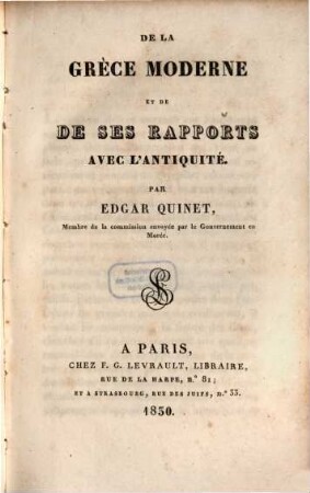 De la Grèce Moderne et de ses Rapports avec l'Antiquité