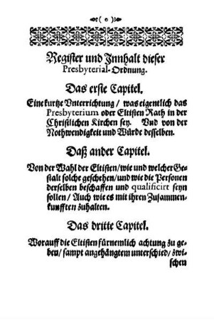 Register und Innhalt dieser Presbyterial-Ordnung.