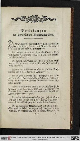 Vorlesungen des gegenwärtigen Winterhalbenjahres