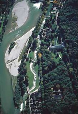 Hansjakob, Gottfried; Augsburg - Spickel, Am Eiskanal 30A; Kanuslalom Olympiastrecke, Freiflächengestaltung - Slalom während der Olympiade, Luftbild