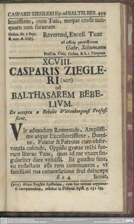 XCVIII. Casparis Ziegleri ad Balthasarem Bebelium