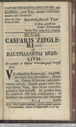 XCVIII. Casparis Ziegleri ad Balthasarem Bebelium