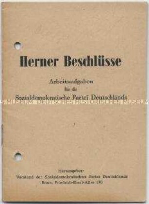 Heft mit den Beschlüssen des Parteivorstandes und des Parteiausschusses der SPD vom November 1949 ("Herner Beschlüsse")