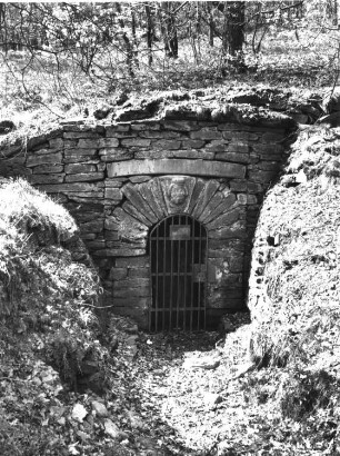 Freiberg-Halsbach. Unteres Muldental. Kunstgraben Roter Graben. Mundloch des Verträgliche Gesellschaft Stolln. Ansicht von außen mit Gittertür (verschlossen)