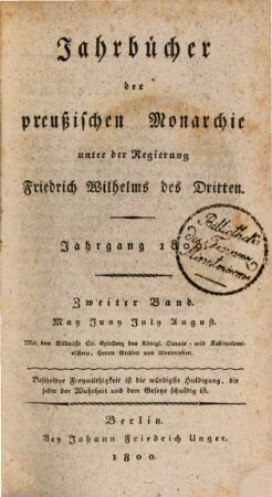 Jahrbücher der preußischen Monarchie unter der Regierung Friedrich Wilhelms III. 1800,2
