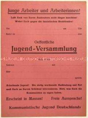 Blanko-Flugblatt der Kommunistischen Jugend Deutschlands zur Ankündigung einer Versammlung
